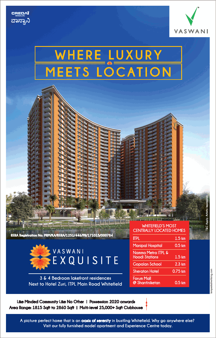 Book 3 and 4 bedroom lakefront residences at Vaswani Exquisite in Bangalore Update